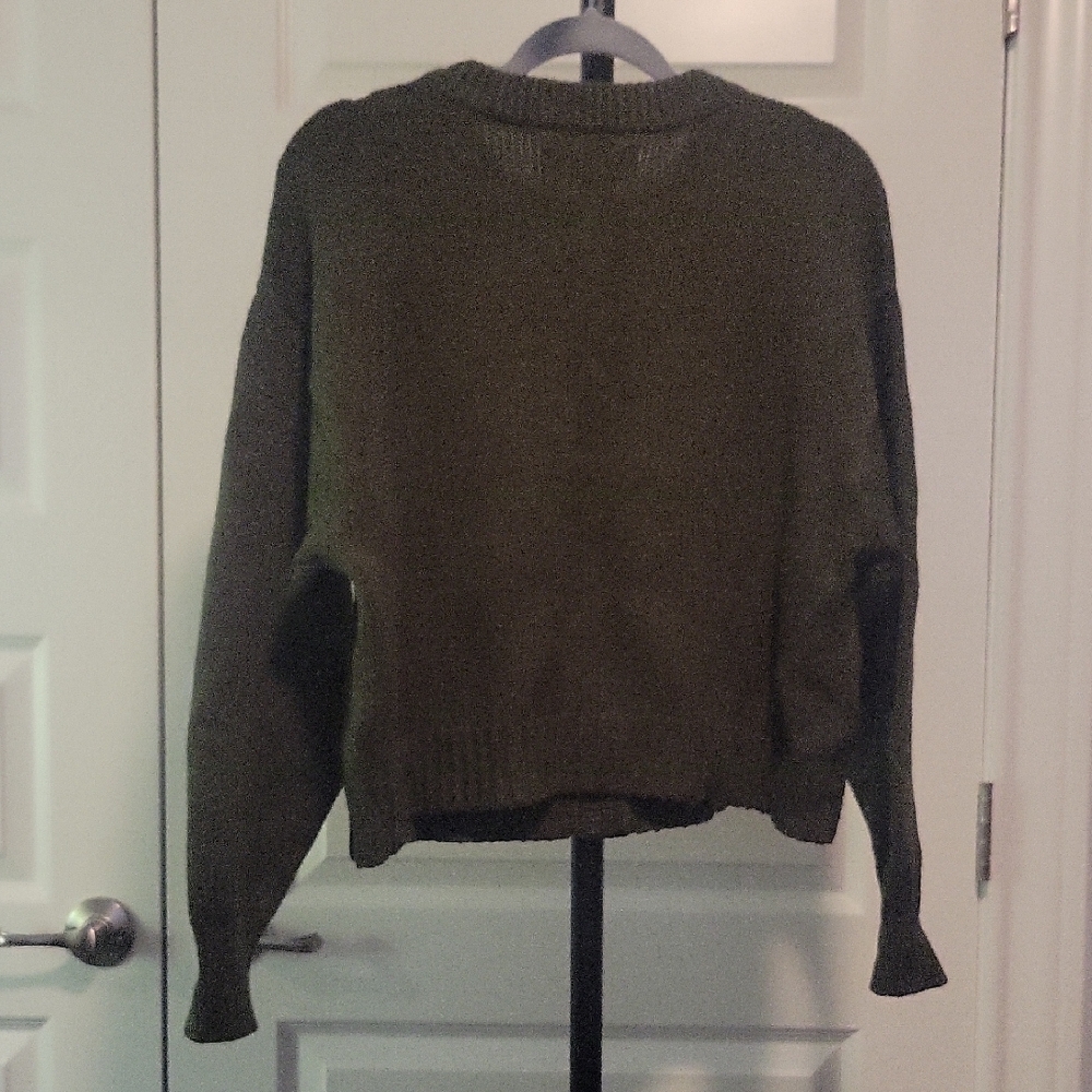 LOFT Olive Green Button-Front Crewneck Cardigan - Picture 3 of 11
